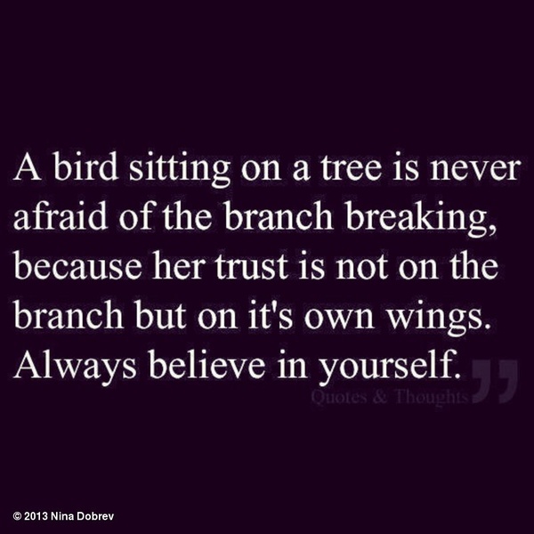 A bird sitting on a tree is never afraid of the branch breaking, because her trust is not on the branch but on it’s own wings. Always believe in yourself