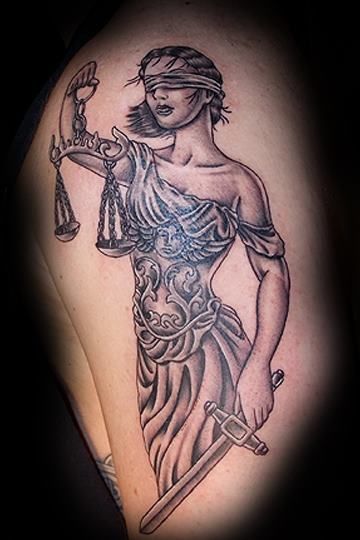 Amazing Blind Justice Lady Tattoo Design For Half Sleeve