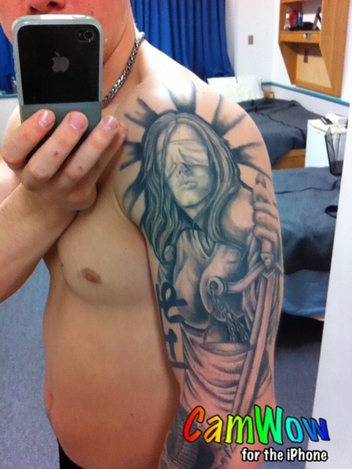 Amazing Black And Grey Blind Lady Justice Tattoo On Man Left Half Sleeve