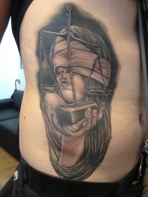 Amazing Black Ink 3D Blind Justice Girl Tattoo On Side Rib