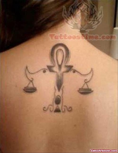Amazing Black Ink Justice Scale Tattoo On Upper Back