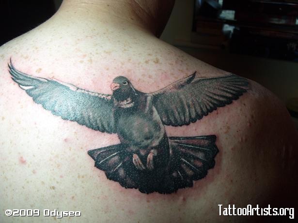 Amazing Flying Pigeon Tattoo On Upper Back