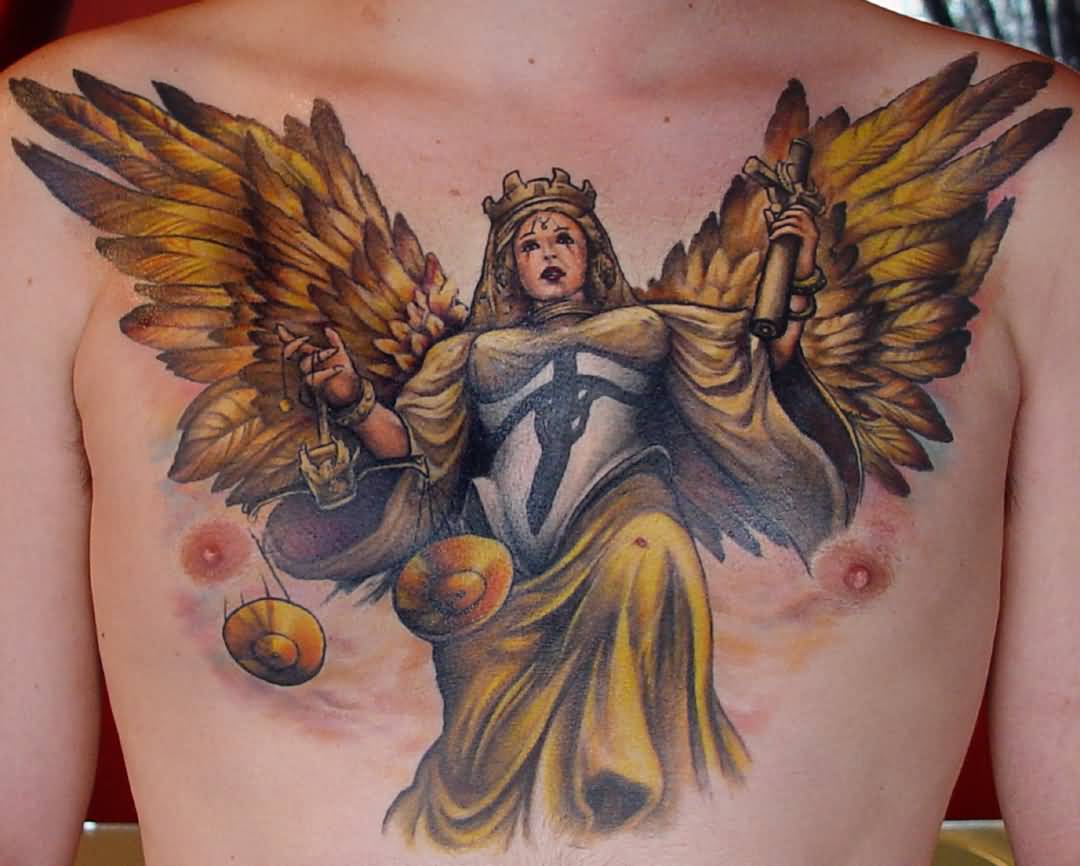 Amazing Lady Justice With Wings Tattoo On Man Chest