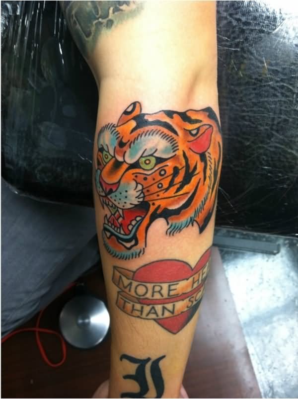 Amazing Tiger Face Tattoo Design For Elbow