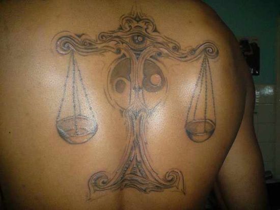 Amazing Yin Yang Justice Scale Tattoo On Upper Back