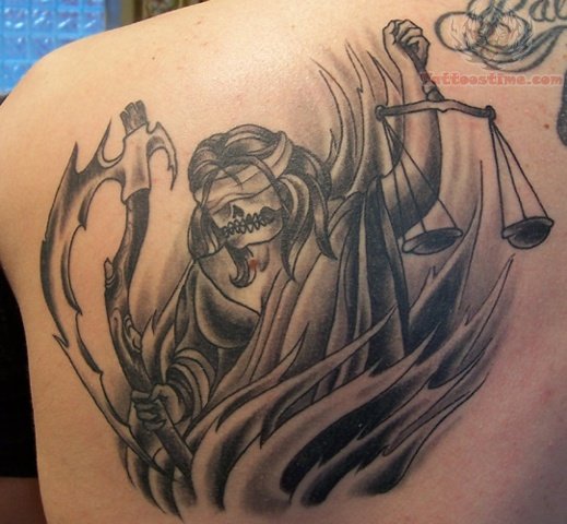 Attractive Justice Tattoo On Left Back Shoulder