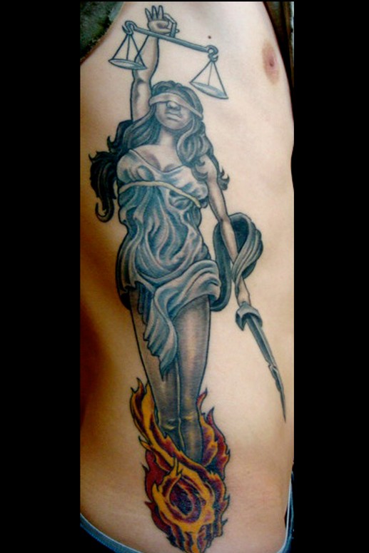 Awesome Blind Justice Girl Tattoo On Man Side Rib