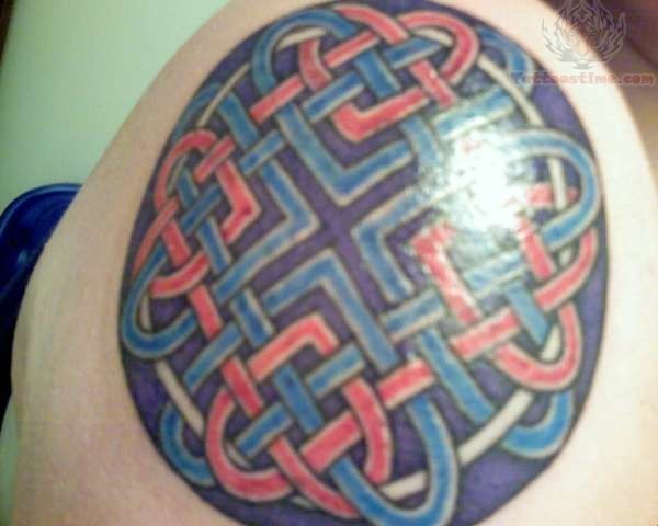Awesome Blue And Pink Celtic Knot Tattoo Design For Shoulder