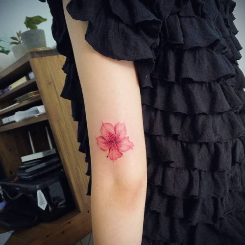 Azalea Flower Tattoo On Girl Left Elbow