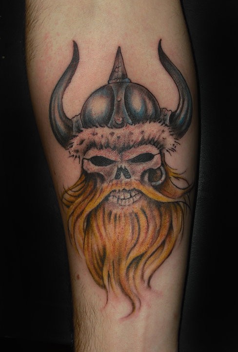 Beared Warrior Viking Skull With Horned Helmet Tattoo