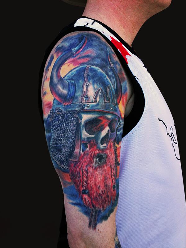 Beautiful Colored Viking Skull Tattoo On Half Sleeve by Jaime Lee Parker