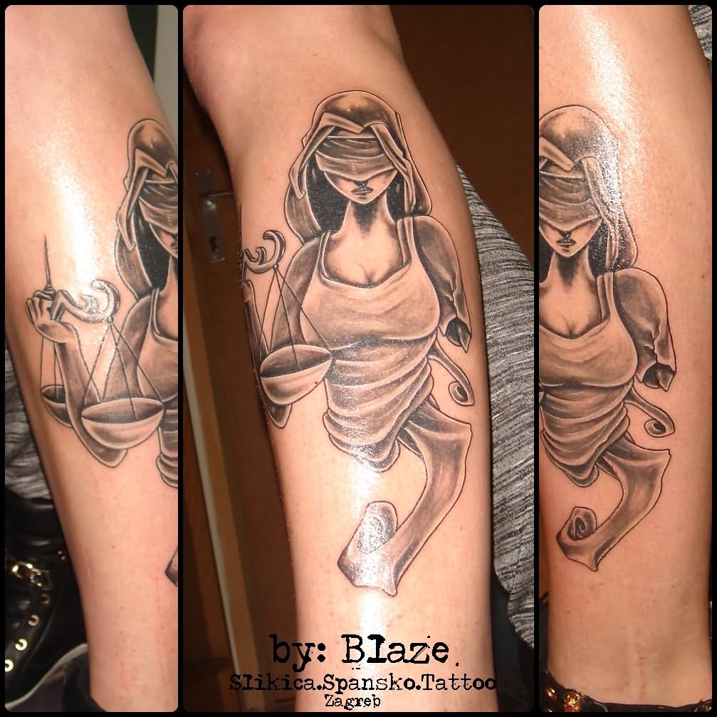 Black And Grey Blind Justice Girl Tattoo Design For Leg By Blaze Zen