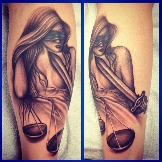 Black And Grey Blind Justice Lady Tattoo Design For Leg Calf