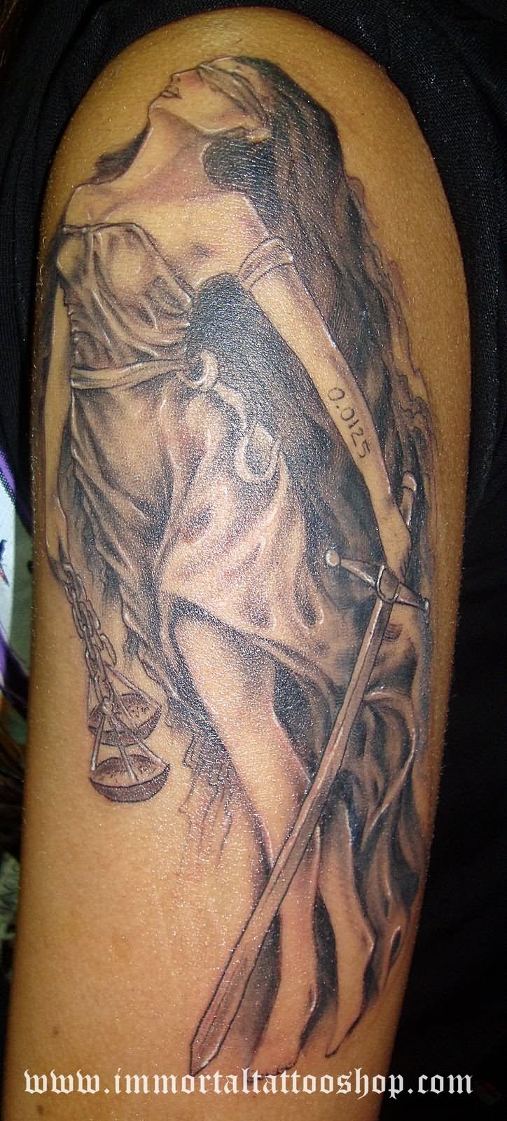 Black And Grey Lady Justice Tattoo Design For Half Sleeve
