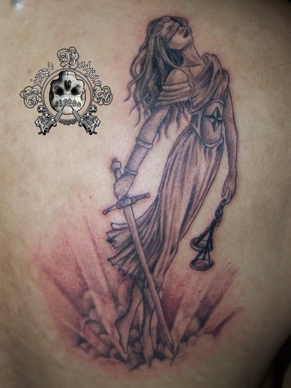 Black And Grey Lady Justice Tattoo Design