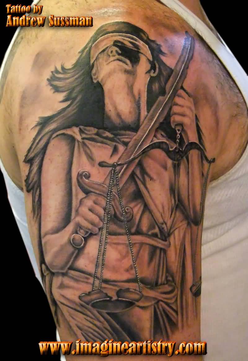 Black And Grey Lady Justice Tattoo On Man Right Half Sleeve