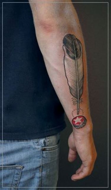 Black And Grey Pigeon Feather Tattoo On Right Forearm