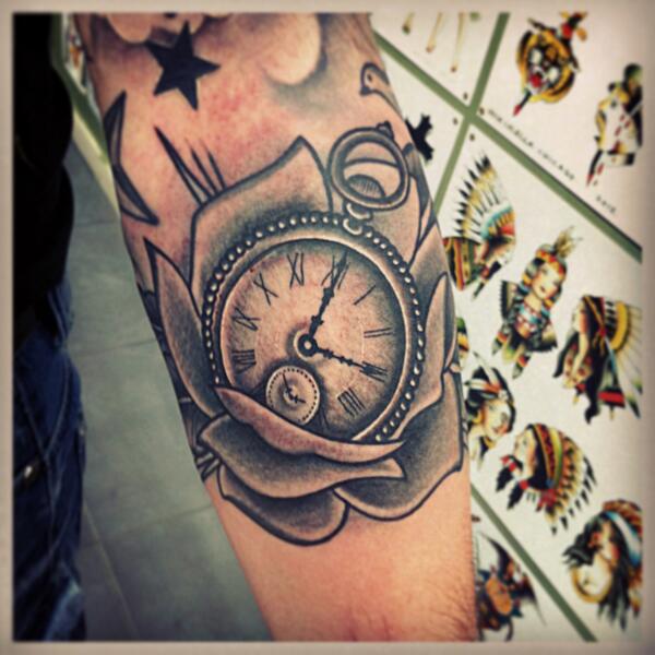 Black And Grey Pocket Watch In Flower Tattoo Design For Elbow