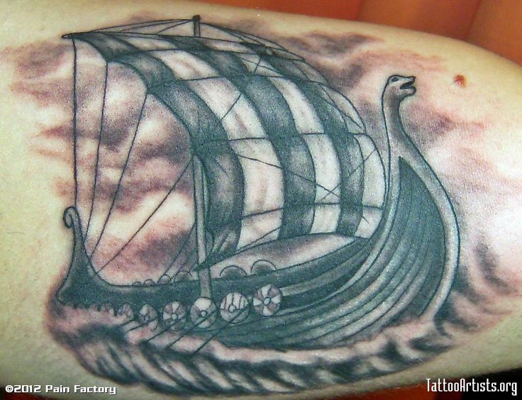 Black And Grey Viking Ship Tattoo On Bicep