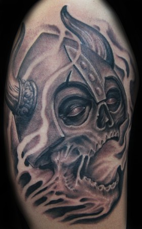 Black And Grey Viking Skull Tattoo Design Idea