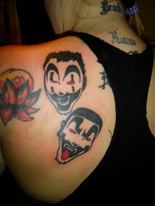 Black And Red Two ICP Face Tattoo On Left Back Shoulder