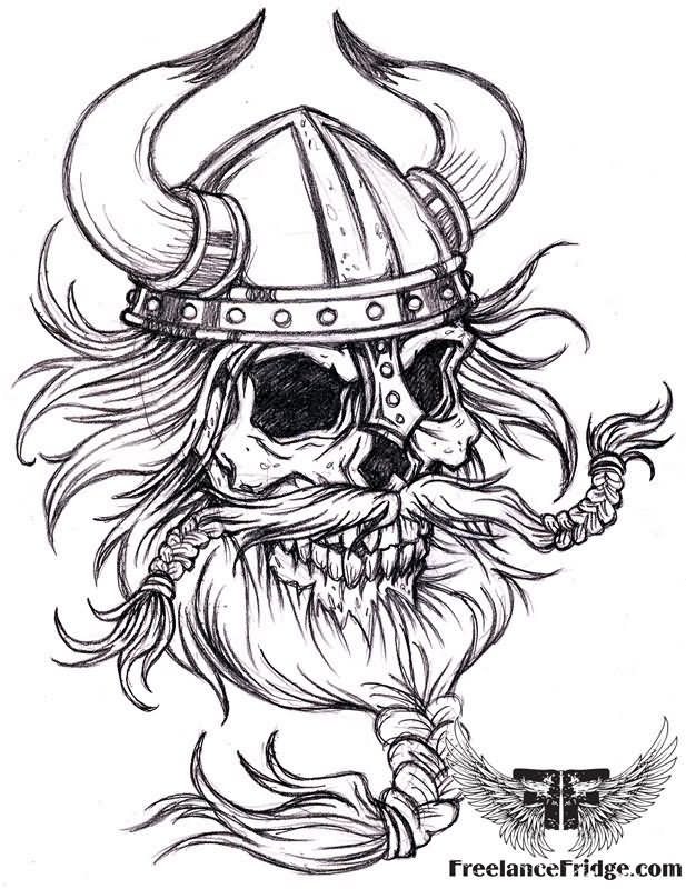 Black And White Viking Skull Tattoo Design