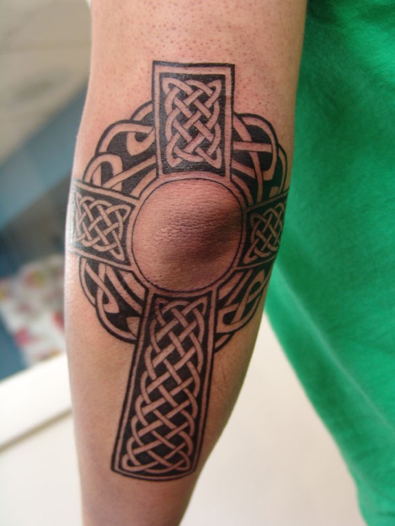 Black Celtic Cross Tattoo Design For Elbow