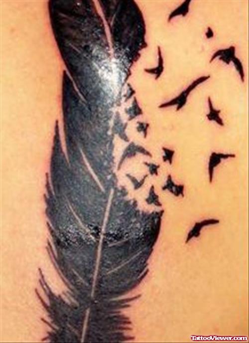 Black Feather With Flying Pigeons Tattoo Design