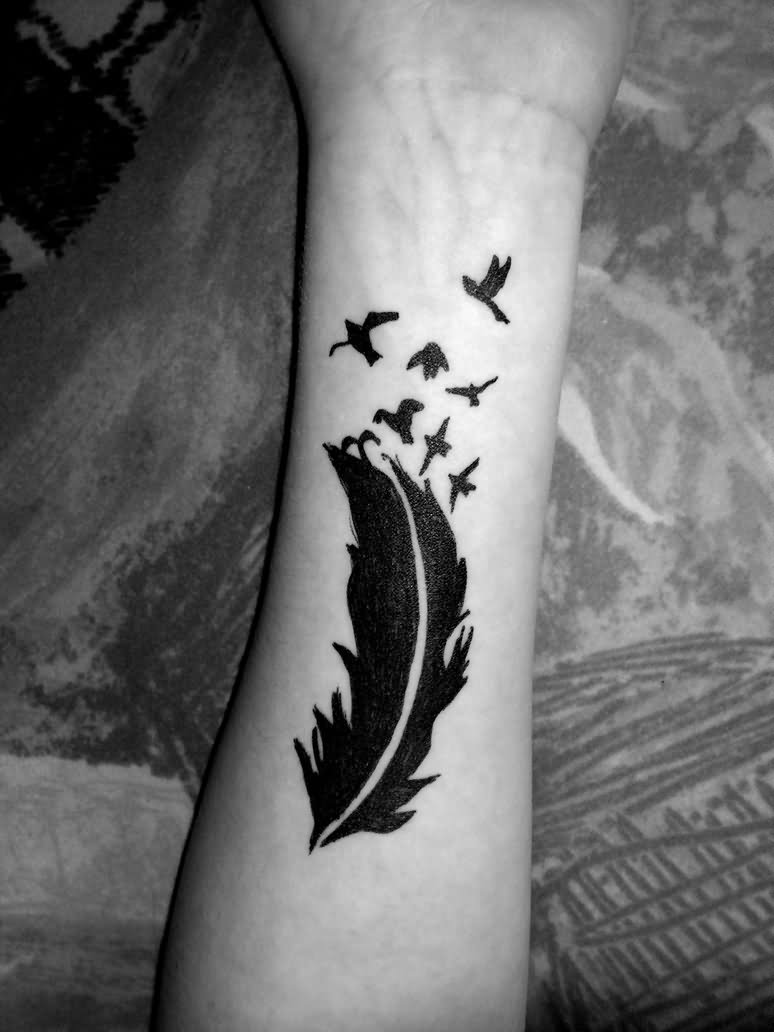 Black Feather With Flying Pigeons Tattoo On Forearm By Nicole Ackles