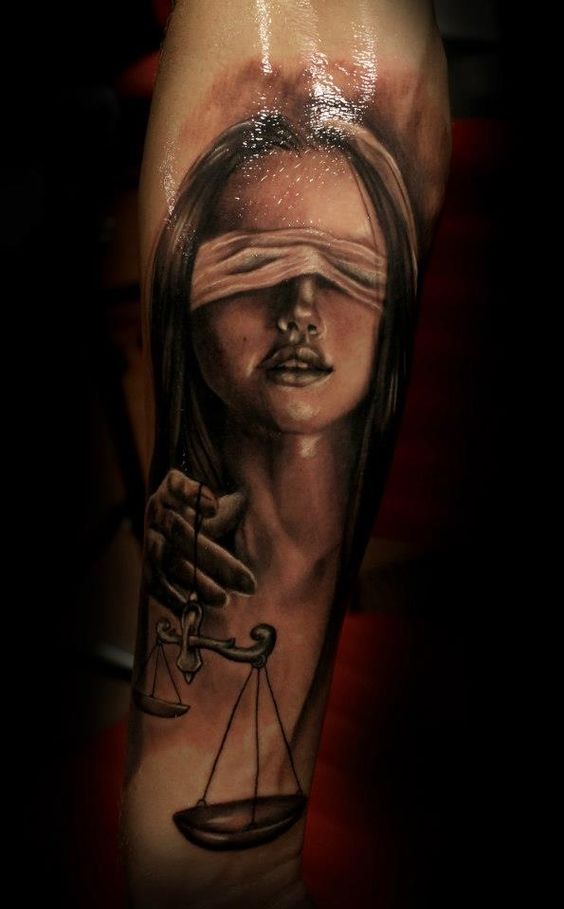 Black Ink 3D Blind Lady Justice Tattoo Design For Sleeve