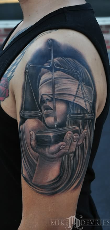 Black Ink 3D Justice Scale In Blind Lady Hand Tattoo On Left Half Sleeve