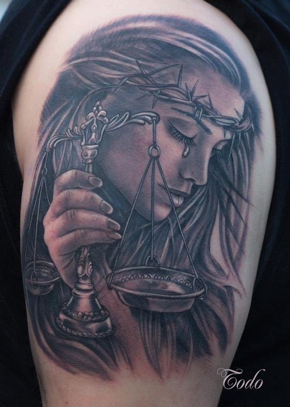 Black Ink 3D Justice Scale In Crying Lady Hand Tattoo Design For Half Sleeve