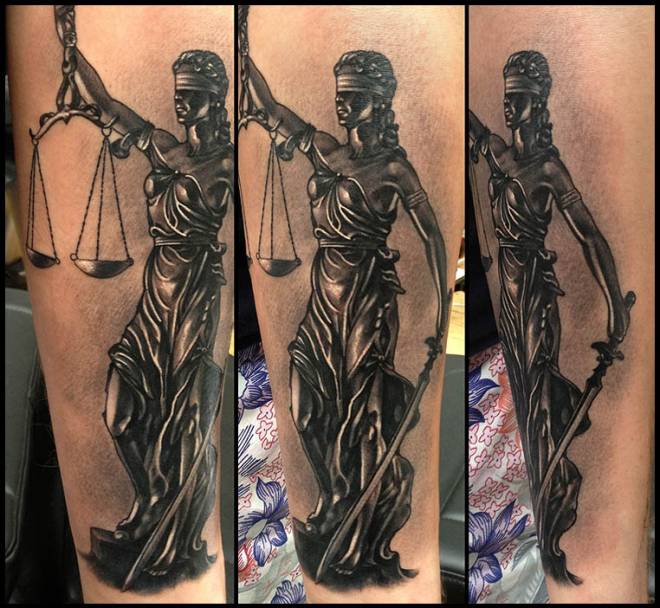 Black Ink 3D Justice Tattoo Design For Sleeve