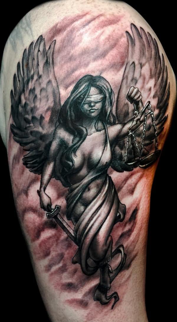 Black Ink Blind Justice Angel Tattoo Design For Half Sleeve