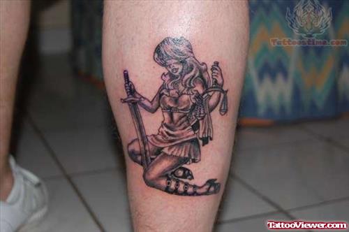 Black Ink Blind Justice Girl Tattoo On Leg Calf