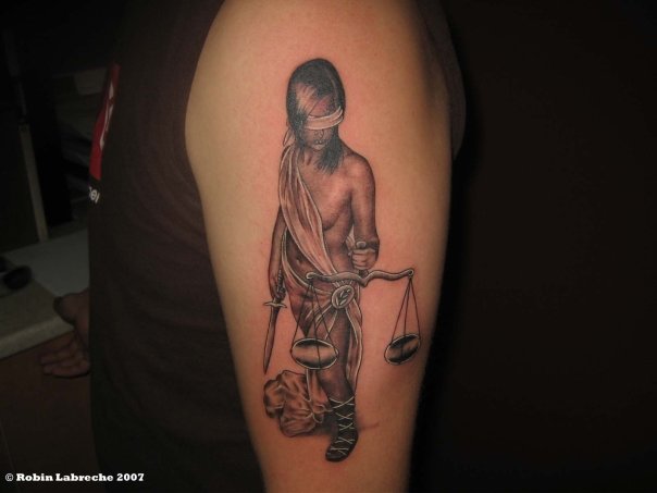 Black Ink Blind Justice Lady Tattoo On Half Sleev By Thimothe Parsons