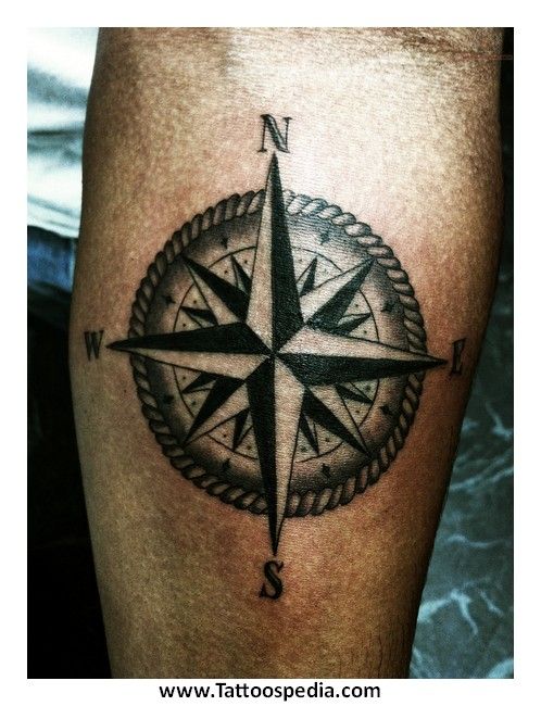 Black Ink Compass Tattoo Design For Elbow