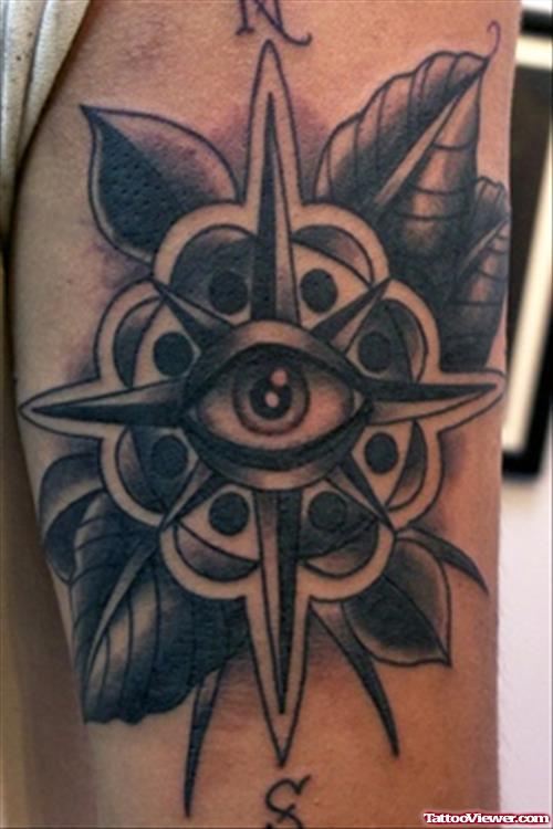 Black Ink Eye In Flower Tattoo Design For Elbow