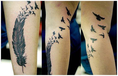 Black Ink Feather With Flying Pigeons Tattoo Design For Sleeve