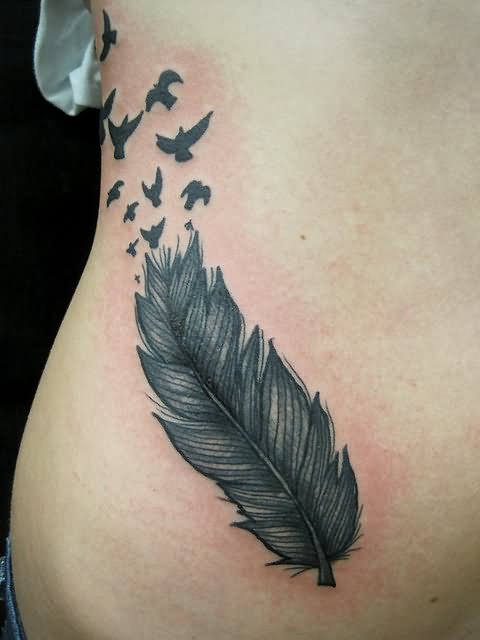 Black Ink Feather With Flying Pigeons Tattoo On Side Rib