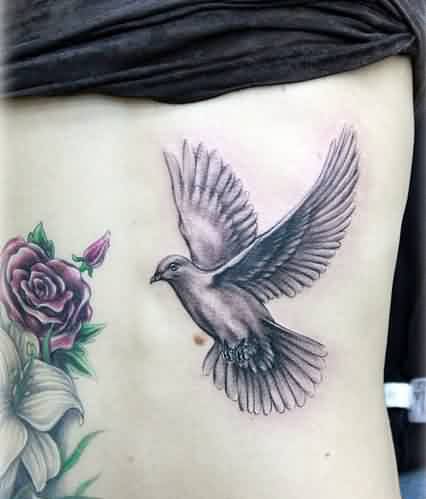 Black Ink Flying Pigeon Tattoo Design For Side Rib