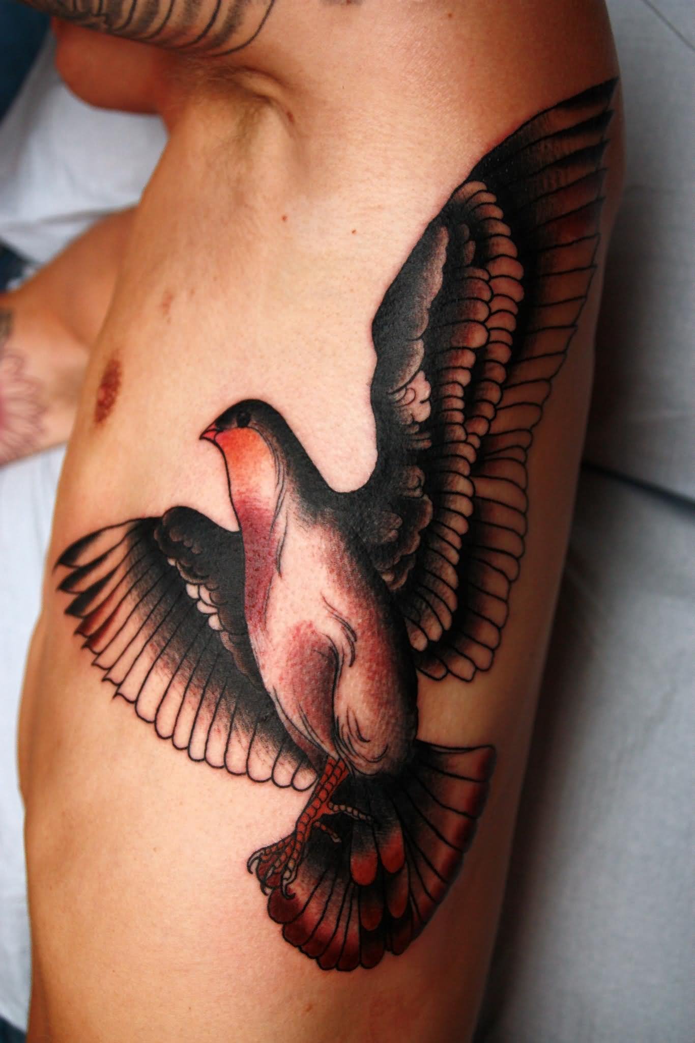 Black Ink Flying Pigeon Tattoo On Man Side Rib