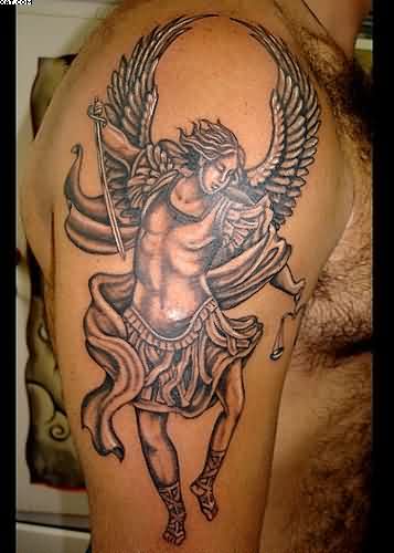 Black Ink Justice Angel Tattoo On Man Right Half Sleeve