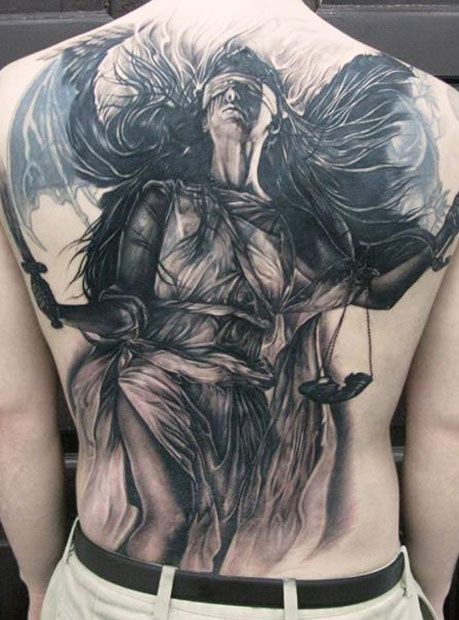 Black Ink Justice Lady Tattoo On Full Back By Elvin Yong