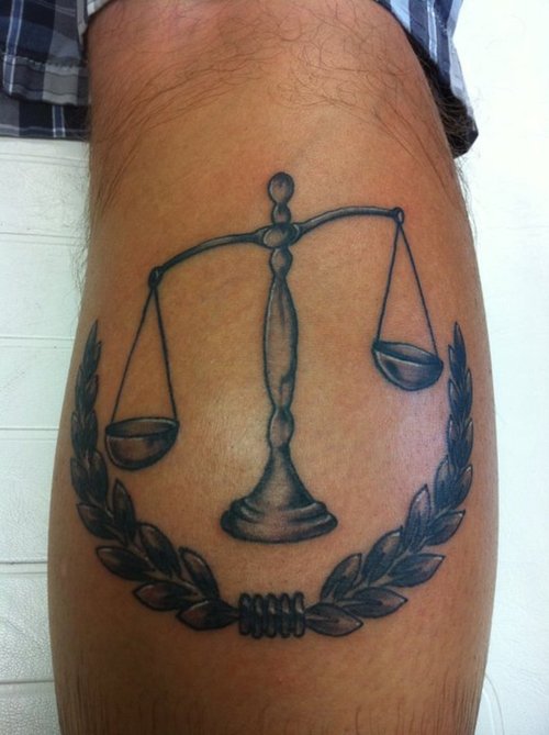Black Ink Justice Scales Tattoo Design For Leg