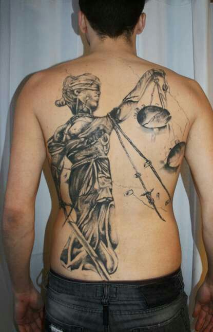 Black Ink Justice Tattoo On Man Full Back