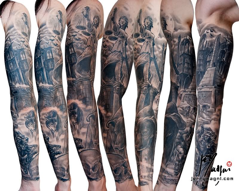 Black Ink Justice With Wolf Tattoo On Full Sleeve