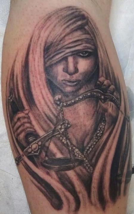 Black Ink Lady Justice Tattoo Design For Leg Calf