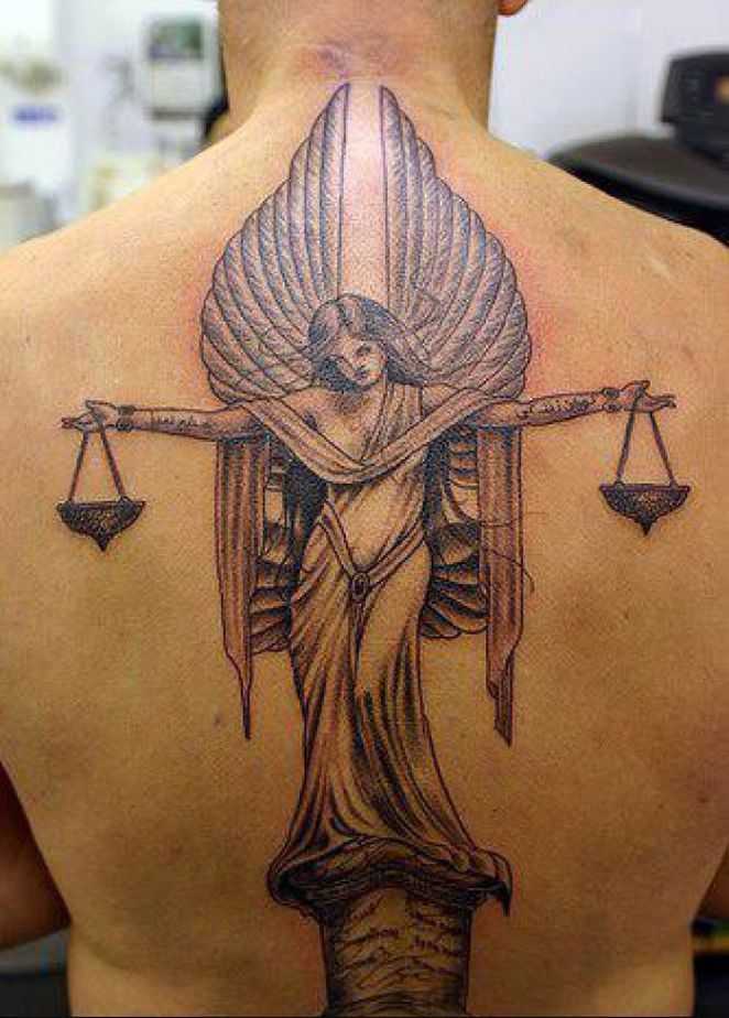 Black Ink Lady Justice Tattoo On Man Full Back