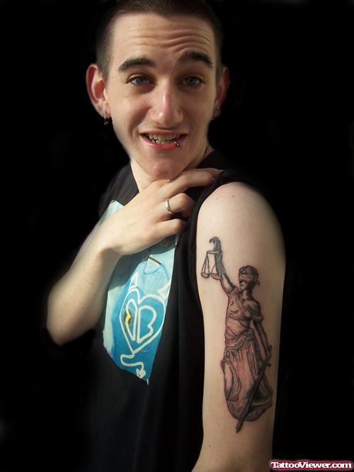 Black Ink Lady Justice Tattoo On Man Left Half Sleeve